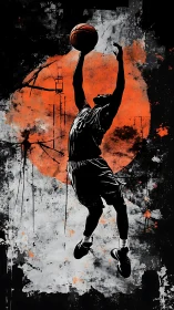 Silhouette basketball player jumping before orange circle field.