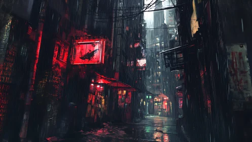 Neon-soaked cyberpunk alley under relentless midnight rain.