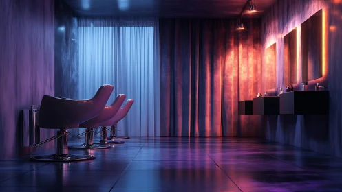 Futuristic salon interior with neon accent lighting and chrome chairs.