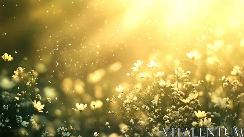 Wildflower meadow glows under golden backlit sunset haze.
