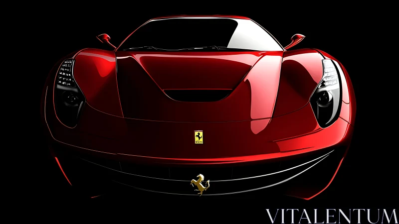 Front-facing red supercar render with dramatic gloss lighting.