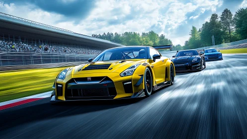 Yellow GT race car charges ahead on a sunlit speedway