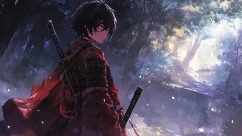 Samurai warrior in red cloak standing in misty forest.