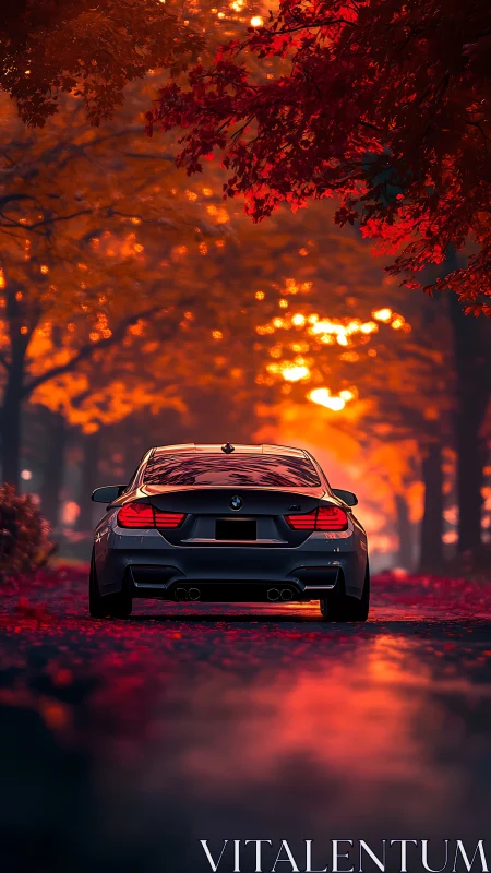 Photorealistic sports sedan in autumn bokeh corridor composition.