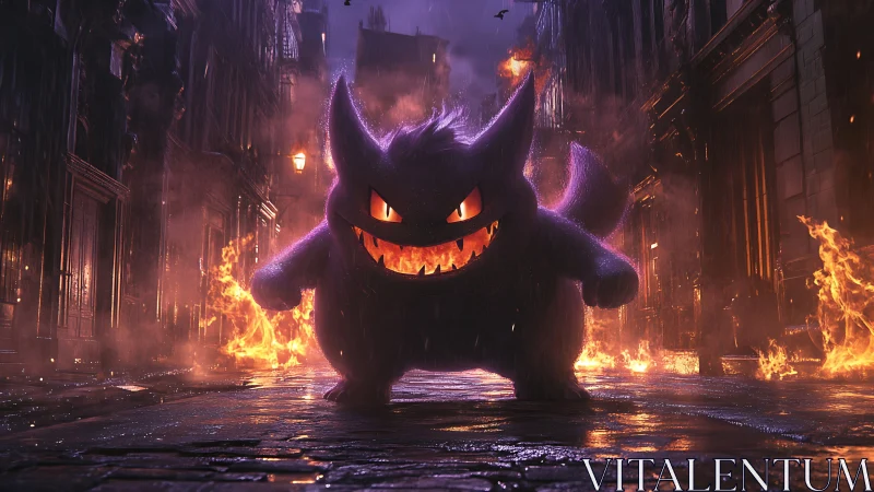 Purple creature stands in burning alleyway with backlighting