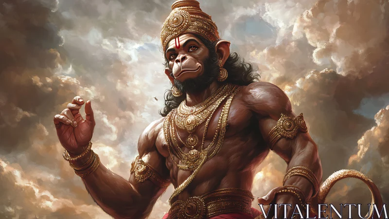 Mythic simian warrior in gold regalia amid turbulent clouds.