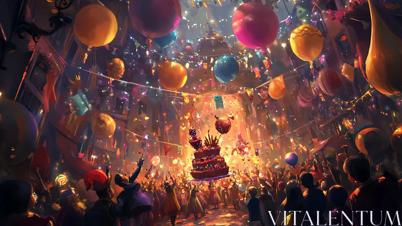Luminous Festival Celebration With Suspended Balloons and Ornate Cake