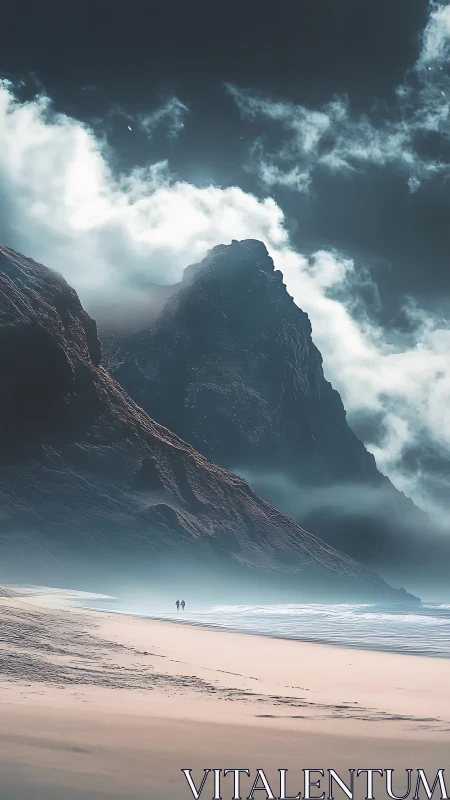 Towering misty cliffs rise over tranquil pastel shoreline.