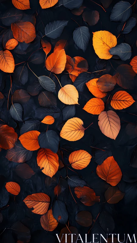Glowing autumn leaves resting softly on deep midnight blues.