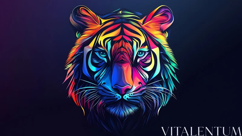 Radiant rainbow tiger portrait glowing in deep night hues.