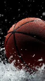 Macro closeup of wet basketball splashing through water in motion
