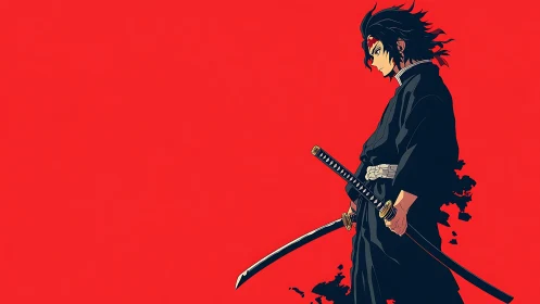 Dark haired swordsman stands against stark red backdrop