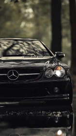 Low-key automotive portrait of black Mercedes front fascia.