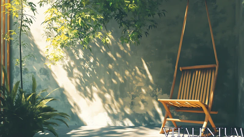 Sunlit wooden swing chair rests in a tranquil garden corner.
