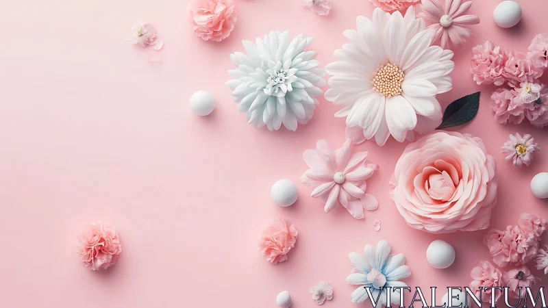 Floral objects and spheres are arranged on a pastel surface