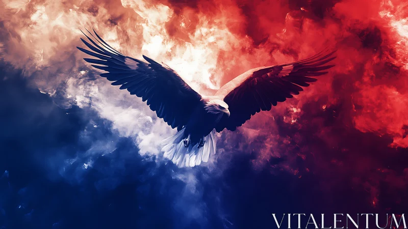 Fire and storm eagle carving flight through red blue clouds.