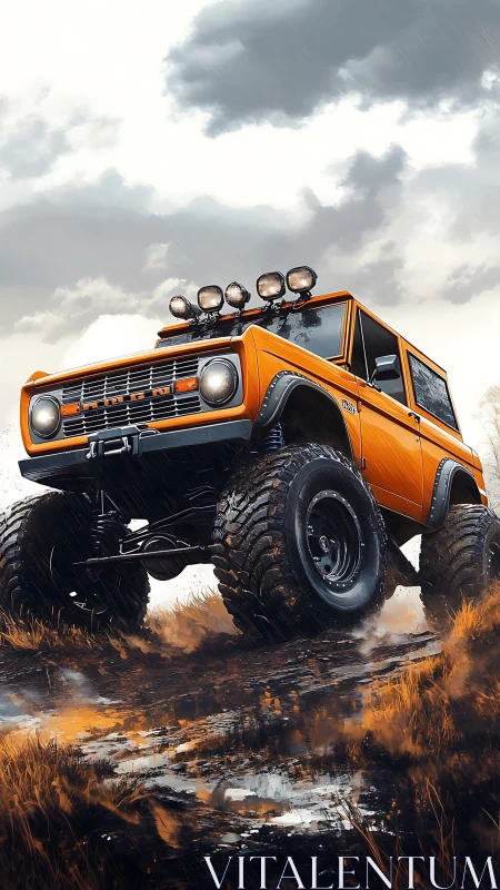 Storm-ready orange off-road bronco muscling through mud.
