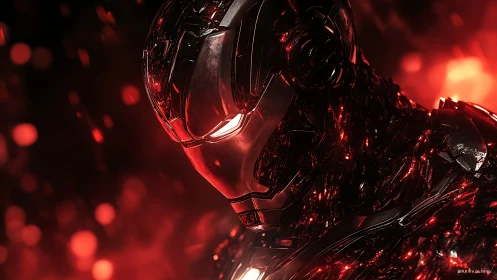 Chrome armored cyborg stands in molten red illuminated void