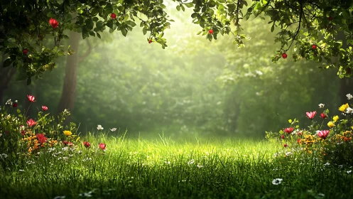 Sunlit Garden Clearing with Spring Flowers and Ancient Trees
