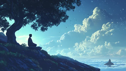 Silhouetted figure meditating on cliff above cloudscape.