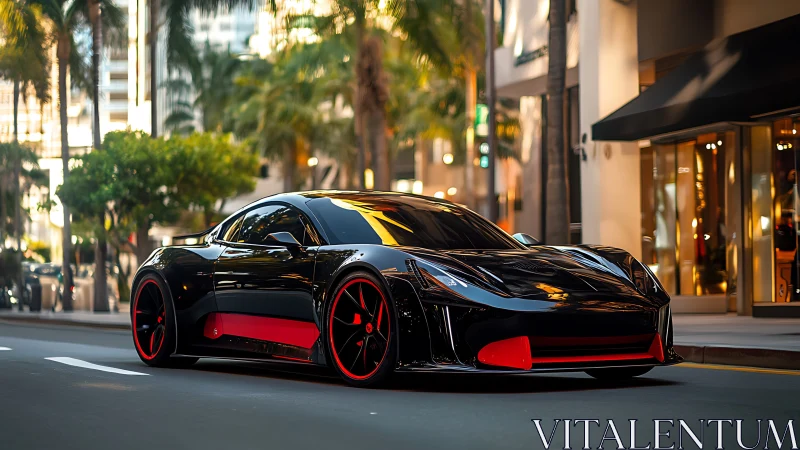 Black supercar glides through luxury palm-lined city street
