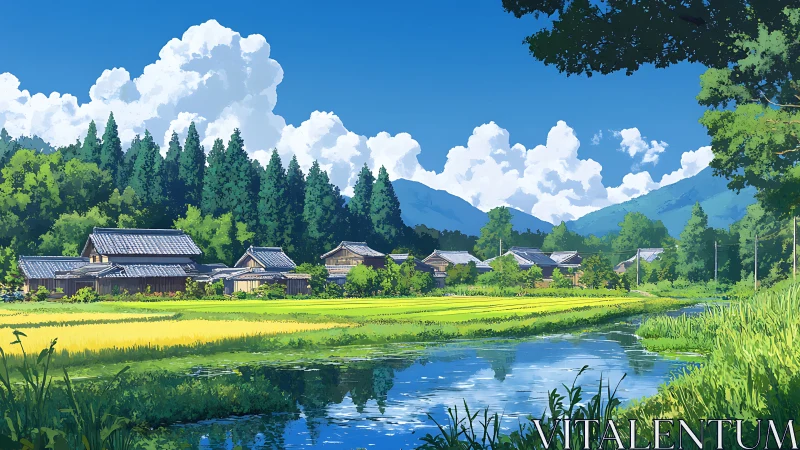 Rural Japanese houses line bright rice fields by calm river