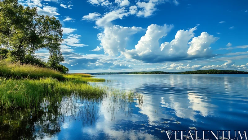 Sky-dancing clouds drift over glassy lake mirrors quietly