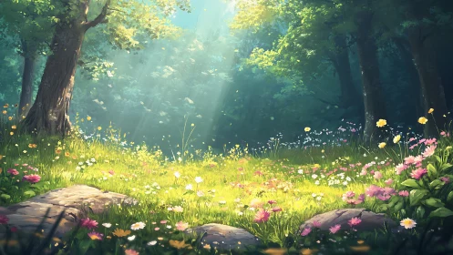 Luminous Forest Clearing with Pastoral Wildflower Composition