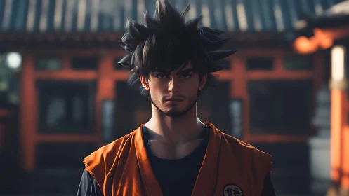 Male martial artist in orange gi before traditional building.