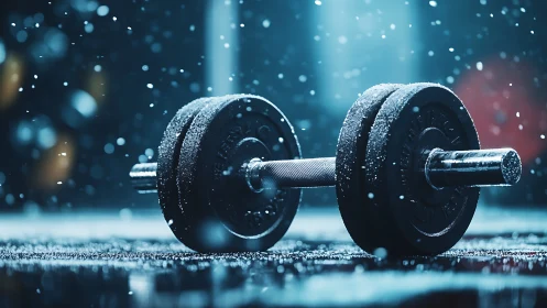 Cold metal dumbbell rests on wet gym floor under snowfall