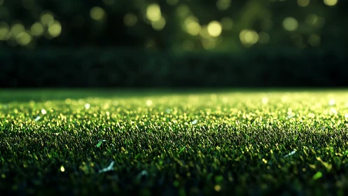Sunlit grass surface is shown in shallow depth of field view