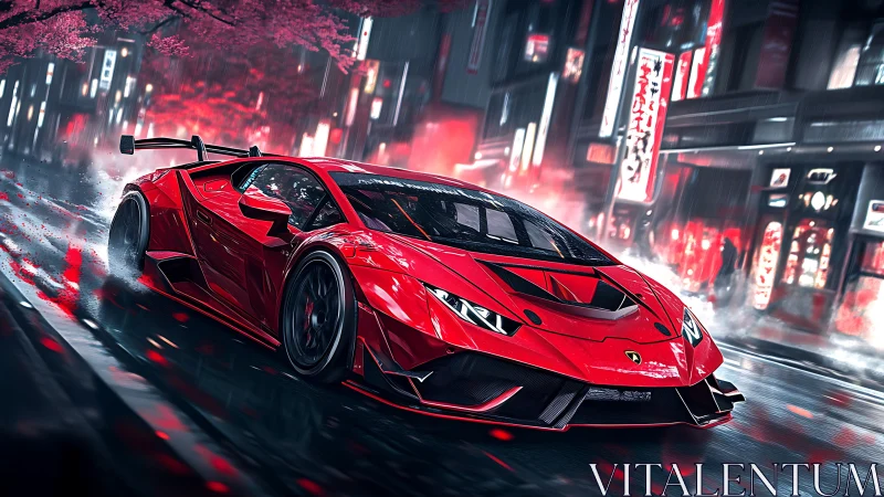 Red hypercar drifting through neon-soaked Tokyo rainstorm.