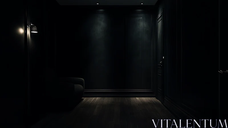 Photorealistic dark corridor with minimalist wall lighting.