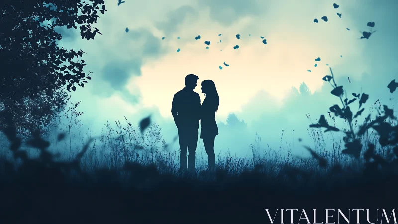 Couple silhouettes embrace amid falling leaves in misty landscape.