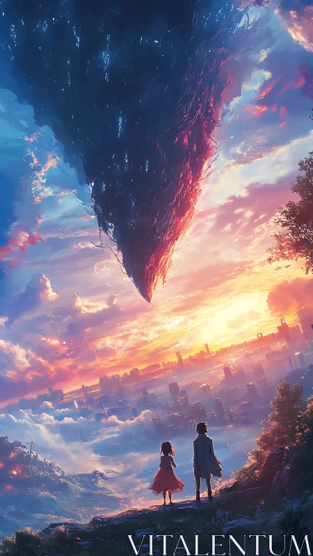 Two observers study massive inverted monolith over sunrise city