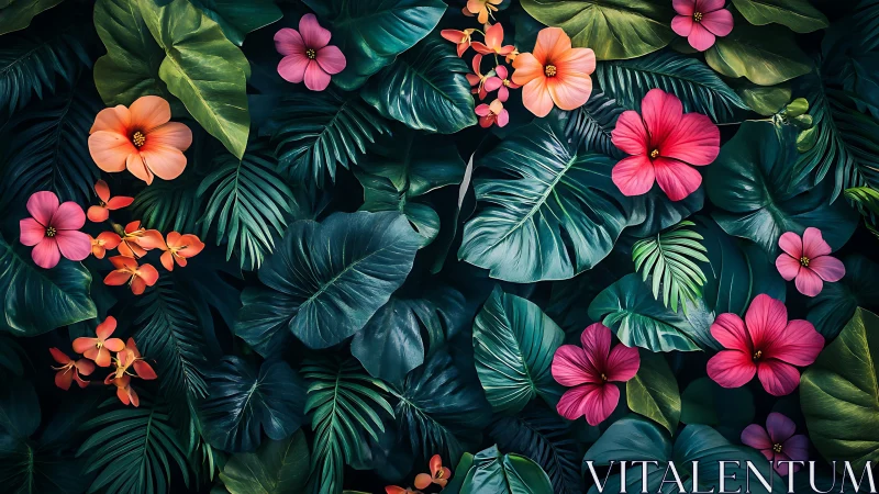 Tropical Floral Overhead: Pink Orange Blooms Dense Green Foliage