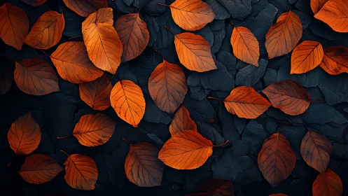 Autumn leaves form warm orange pattern over dark slate