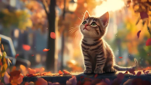 Tabby Kitten in Autumn Sunlight with Falling Leaves.