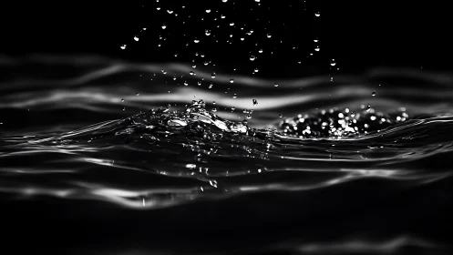 Silver midnight ripples rise as raindrops script bright echoes