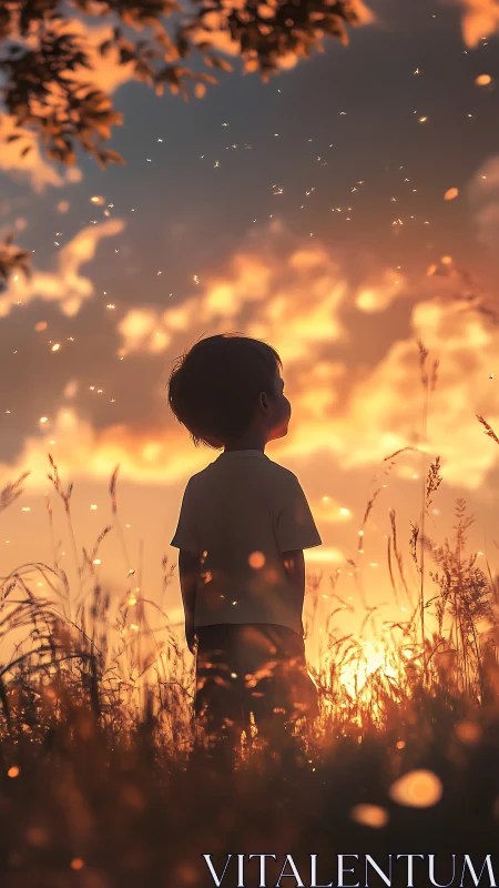 Quiet sunset wonder with a child in glowing meadow light.