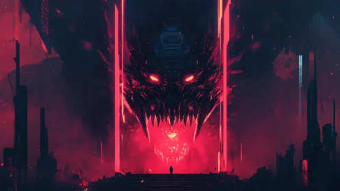 Tiny figure confronts colossal demonic entity in neon void