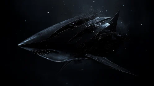Fragmented biomechanical shark rendered in abyssal contrast.