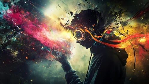Neon headset silhouette channels explosive cosmic color storm.