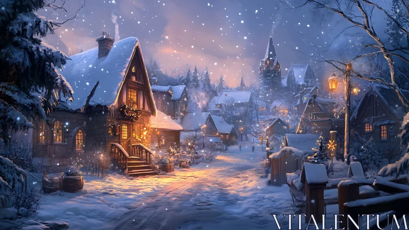 Snowy village street with warm cottages at dusk.
