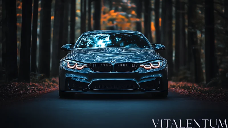 Front-facing sports coupe advances through cinematic forest corridor