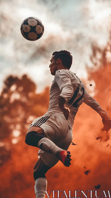 Skyward striker launches a volley through autumn firelight