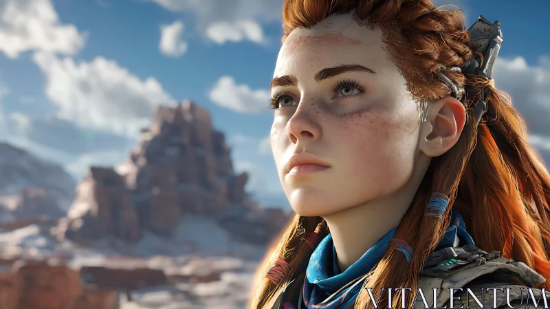 Heroic red-haired warrior gazes over sunlit rocky frontier.