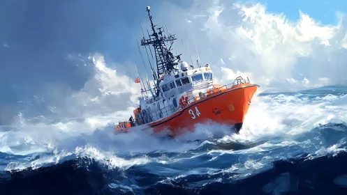 Coast guard patrol vessel cutting through rough ocean waves.
