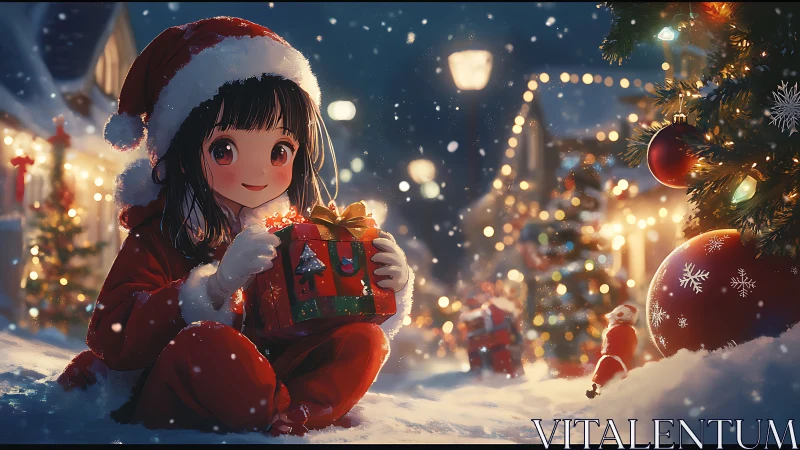 Snowlit girl cradles glowing Christmas gift in cozy village.