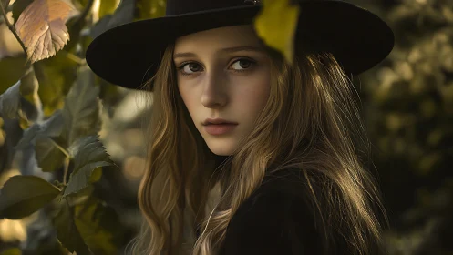 Young woman in dark hat amid soft autumn foliage portrait.